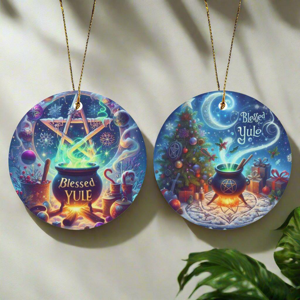 Wiccan Pentagram Cauldron Witch Ceramic Christmas Ornament-MoonChildWorld