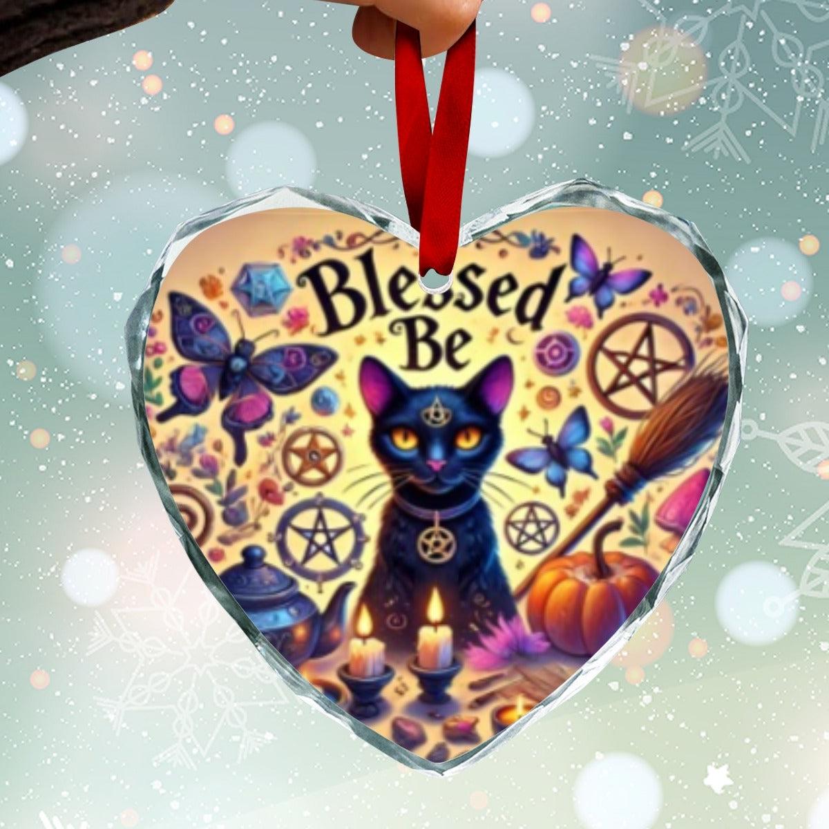 Wicca Black Cat Witchy Christmas Heart-Shaped Crystal Glass Ornament-MoonChildWorld