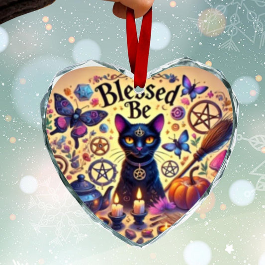 Wicca Black Cat Witchy Christmas Heart-Shaped Crystal Glass Ornament