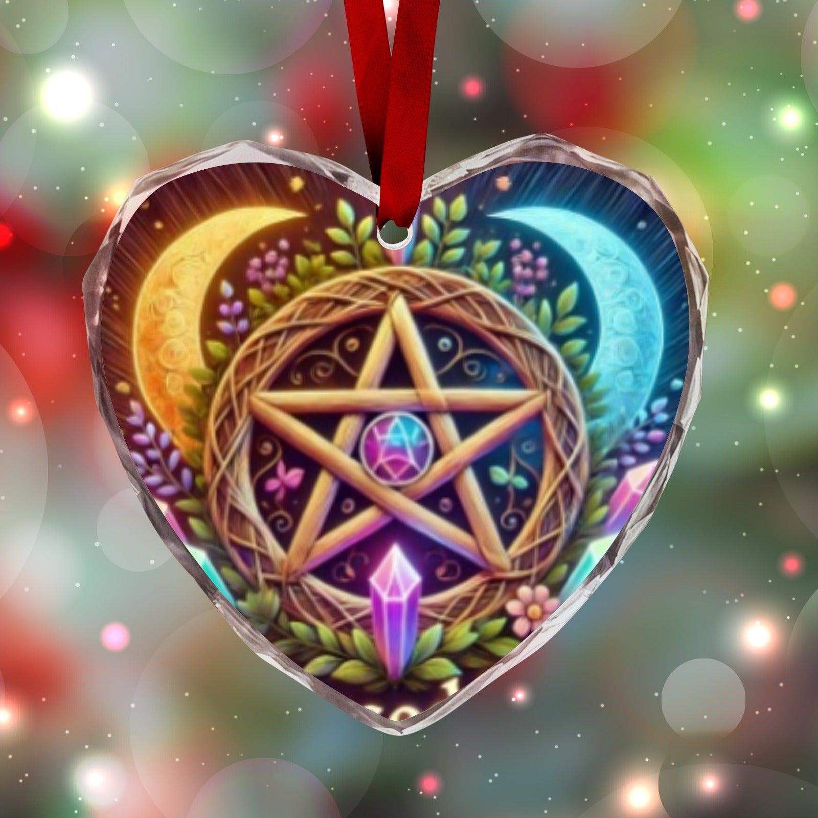 Wicca Magick Pentacle Moon Pagan Yule Heart-Shaped Crystal Glass Ornament-MoonChildWorld