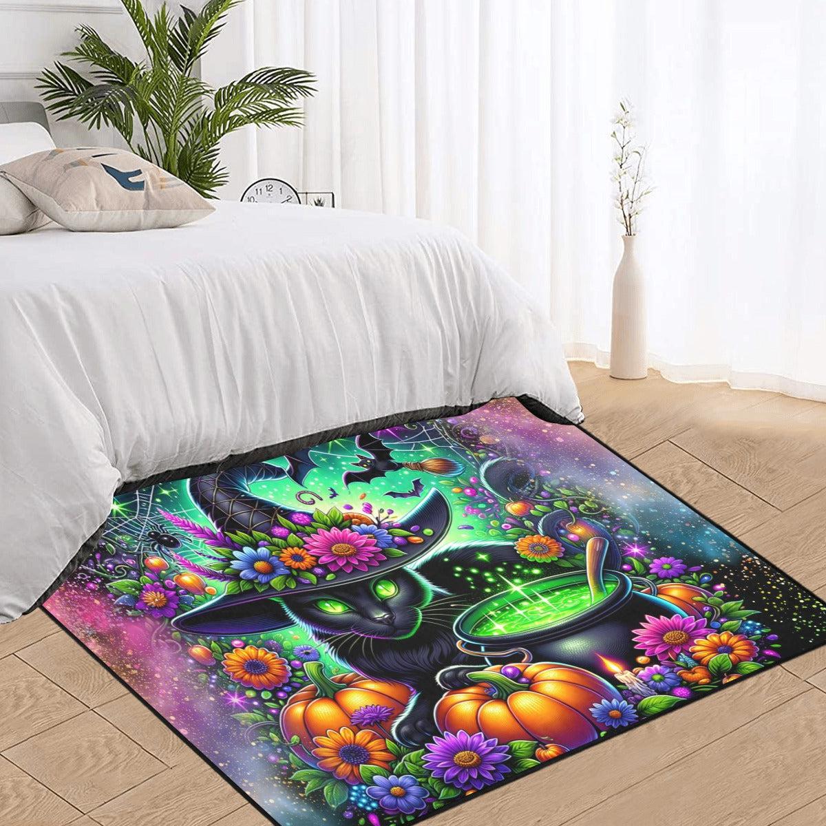 Cauldron Black Cat Wiccan Area Rug Witchy Cat Witchcraft Carpet for Halloween-MoonChildWorld