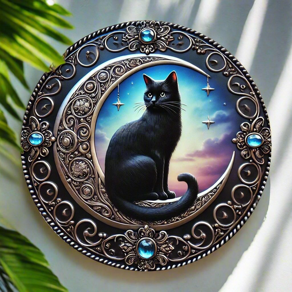 Enchanting Black Cat on a Crescent Moon Metal Sign-MoonChildWorld