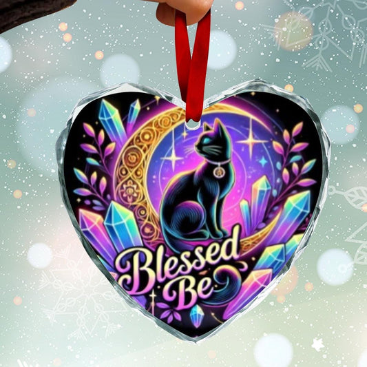 Witchy Moon Black Cat Wicca Christmas Heart-Shaped Crystal Glass Ornament