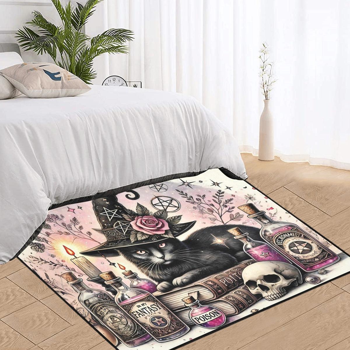 Gothic Black Cat Wiccan Area Rug Witchy Cat Witchcraft Carpet for Halloween-MoonChildWorld