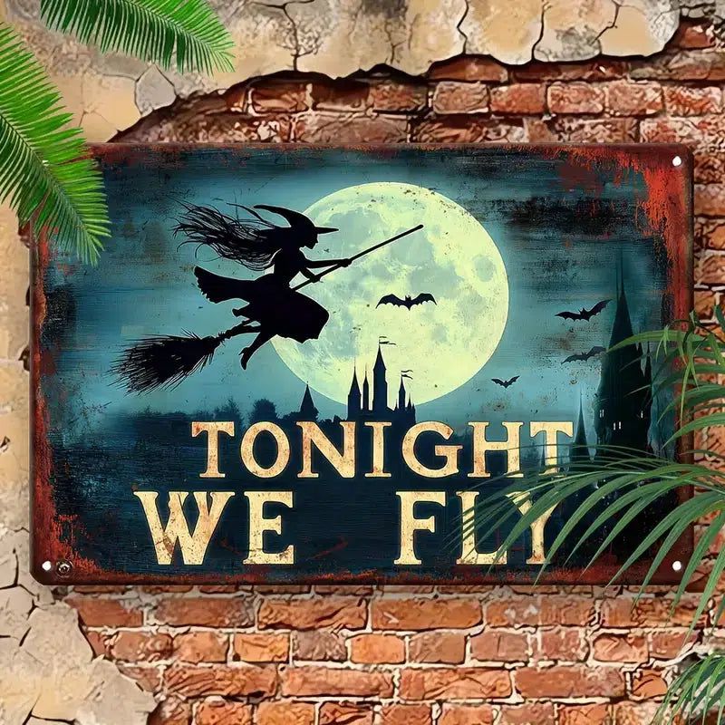 Flying Witch Metal Sign Witchy Wall Decor Gothic Halloween Welcome Sign-MoonChildWorld