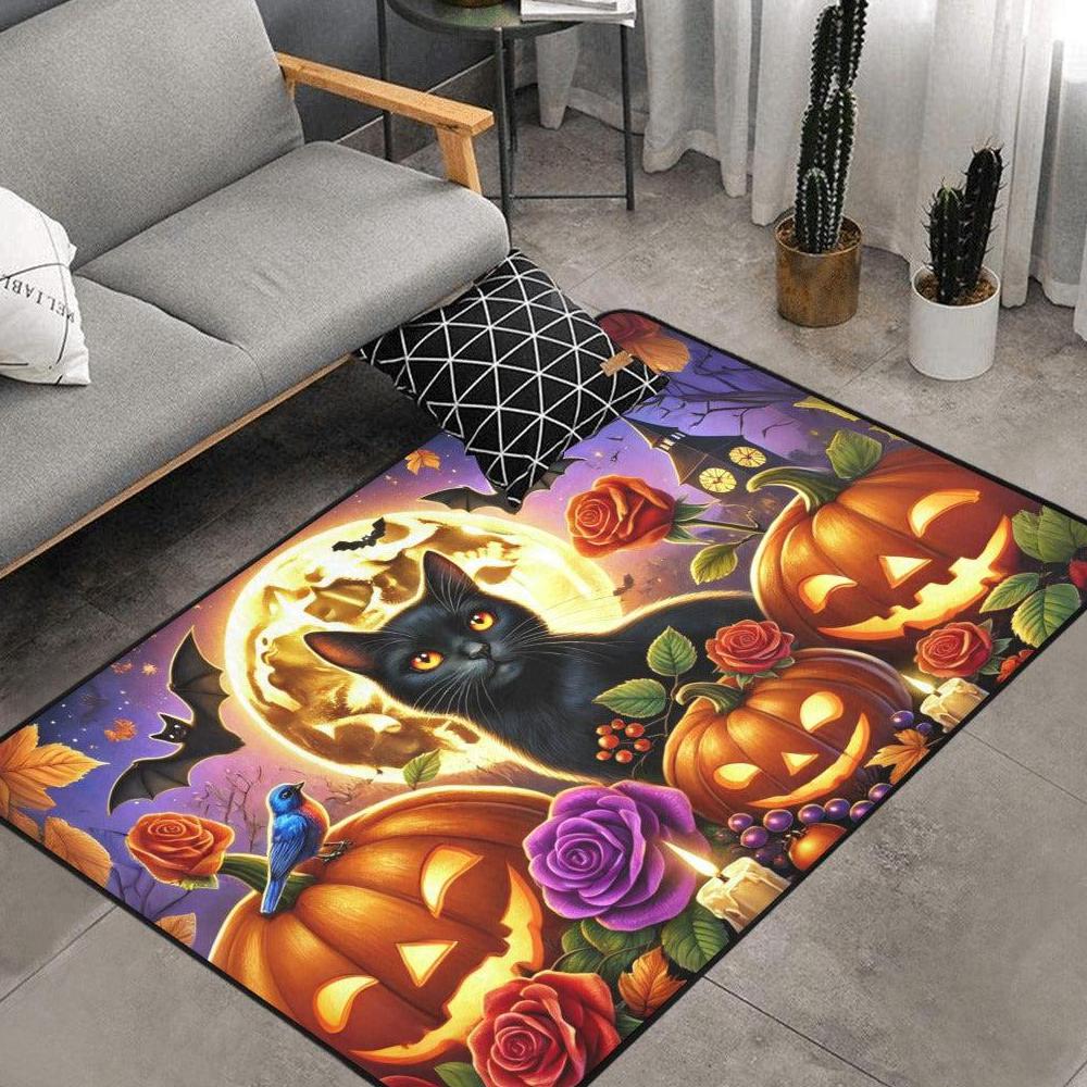 Pumpkin Black Cat Area Rug Witchy Cat Halloween Carpet-MoonChildWorld