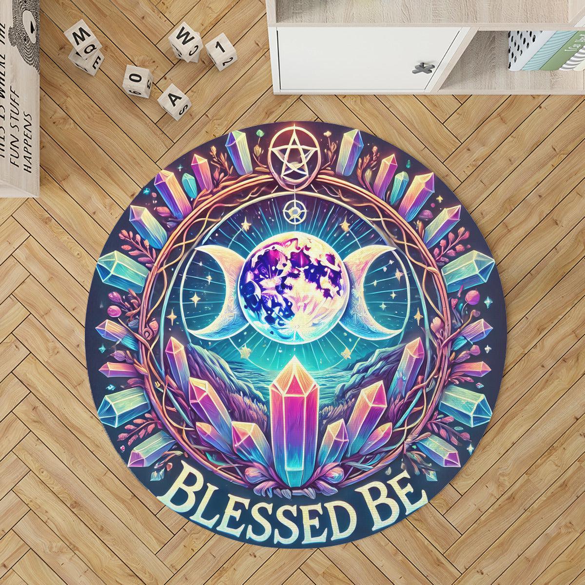 Triple Moon Round Rug Blessed Be Wicca Carpet for Pagan Home Decor-MoonChildWorld