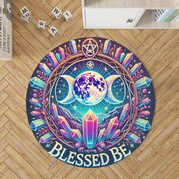 Triple Moon Round Rug Blessed Be Wicca Carpet for Pagan Home Decor