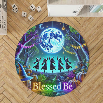 Dancing Witches Round Rug Moonlit Witch Carpet for Wicca Home Decor