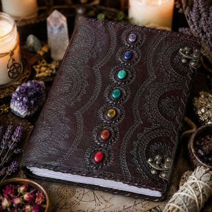7 chakra stone leather journal – handmade book of shadows grimoire, unlined cotton pages, view 2