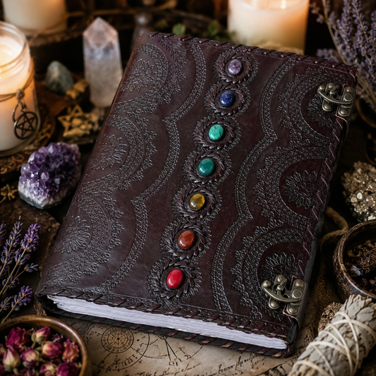 7 chakra stone leather journal – handmade book of shadows grimoire, unlined cotton pages, view 2