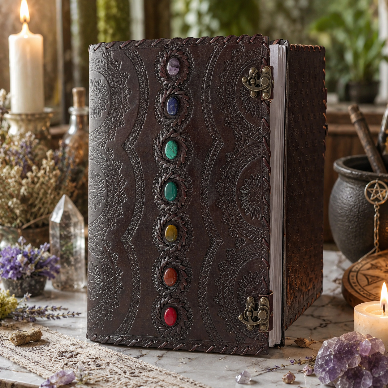 7 chakra stone leather journal – handmade book of shadows grimoire, unlined cotton pages, view 3