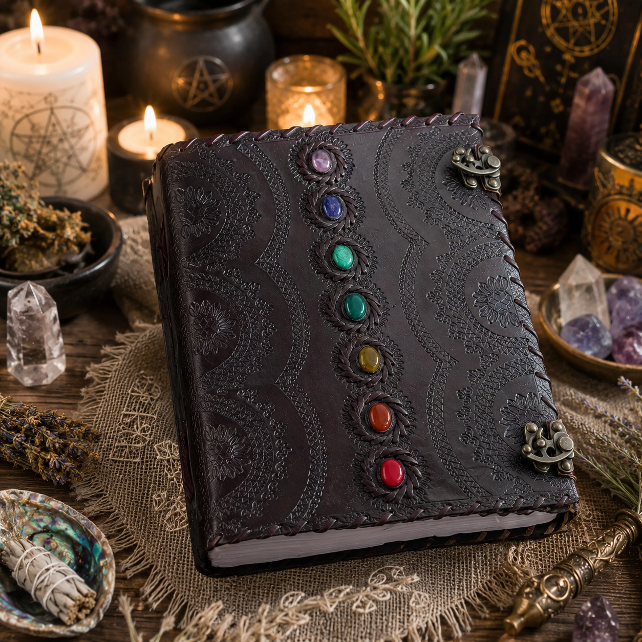 7 chakra stone leather journal – handmade book of shadows grimoire, unlined cotton pages, view 4