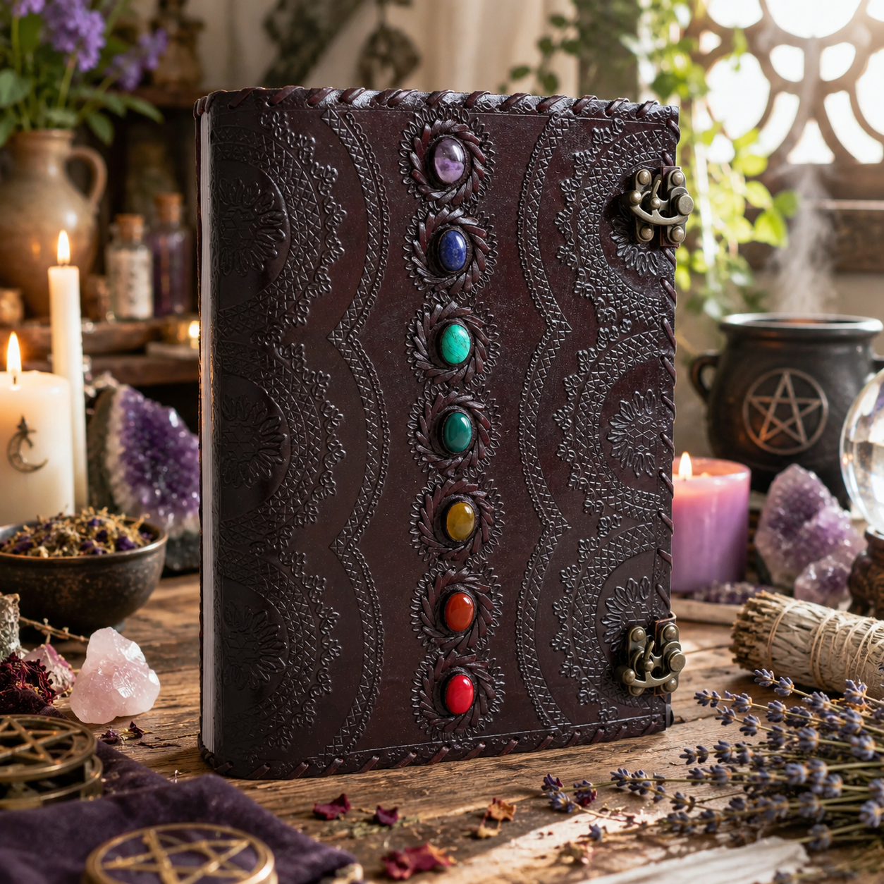 7 chakra stone leather journal – handmade book of shadows grimoire, unlined cotton pages, view 1