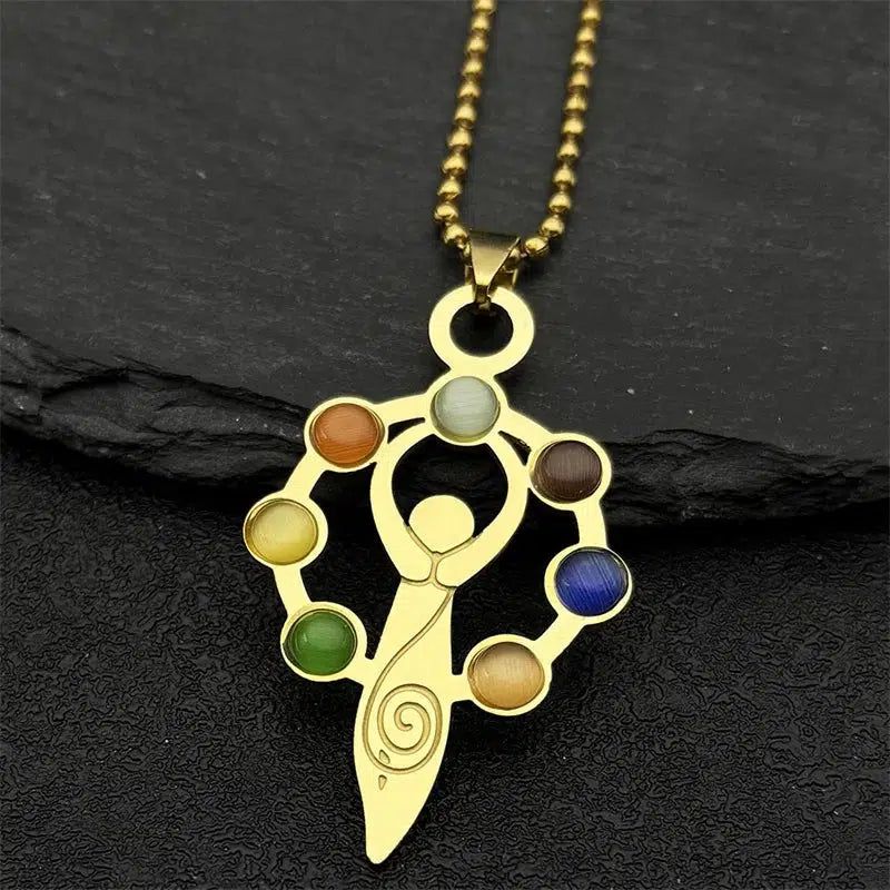 7 Chakra Stones Pagan Goddess Necklace Spiritual Healing Amulet Jewelry-MoonChildWorld