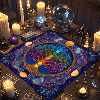7 Chakra Tree of Life & Moon Phase Wicca Divination Tablecloth Occult Mystical Pagan Altar Cloth-MoonChildWorld