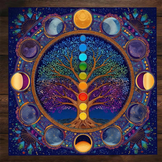 7 Chakra Tree of Life & Moon Phase Wicca Divination Tablecloth Occult Mystical Pagan Altar Cloth-MoonChildWorld
