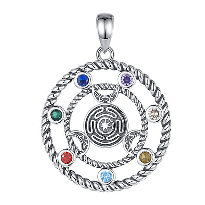Sterling silver 7 Chakras Hecate Wheel Moon Goddess Wicca Amulet pendant with colorful gemstones.