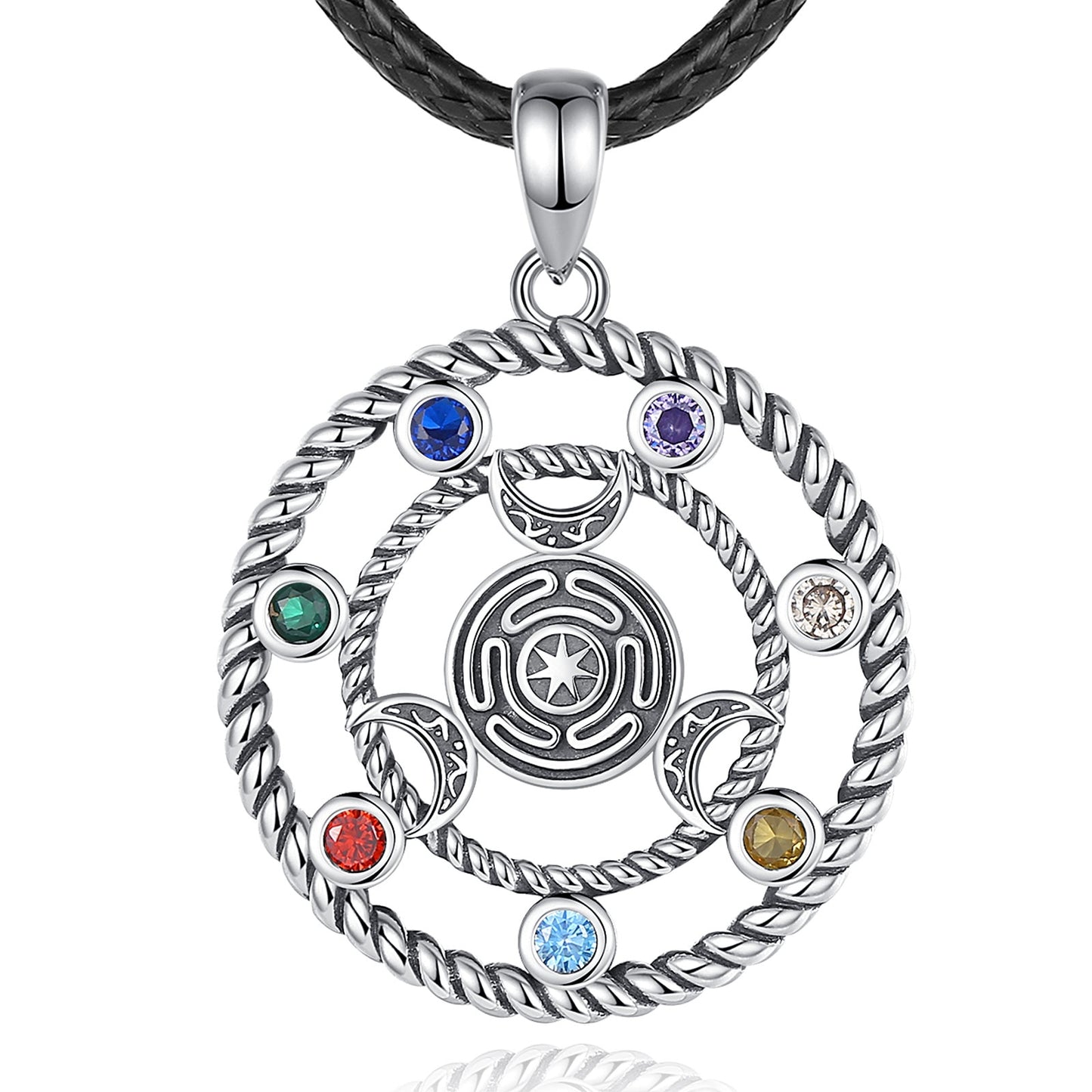 Sterling silver 7 Chakras Hecate Wheel Moon Goddess Wicca Amulet Necklace with colorful gemstones on a black cord.