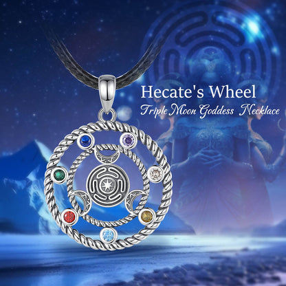 Sterling silver 7 Chakras Hecate Wheel Moon Goddess Wicca Amulet Necklace with colorful gemstones.