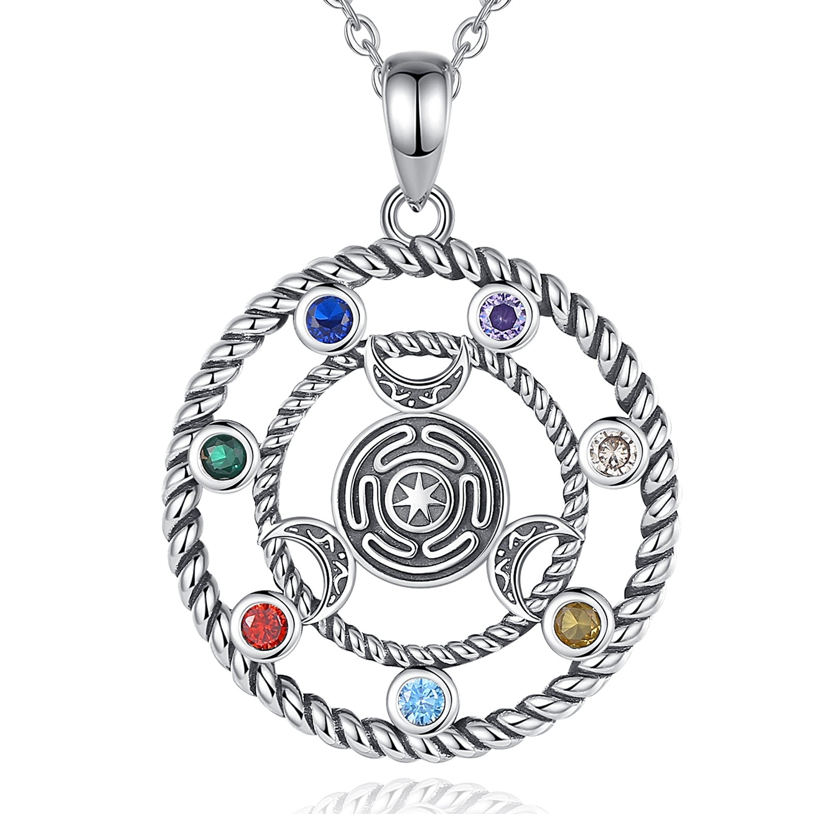 Sterling silver 7 Chakras Hecate Wheel necklace with colorful gemstones and moon phases.