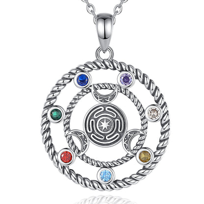 Sterling silver 7 Chakras Hecate Wheel necklace with colorful gemstones and moon phases.