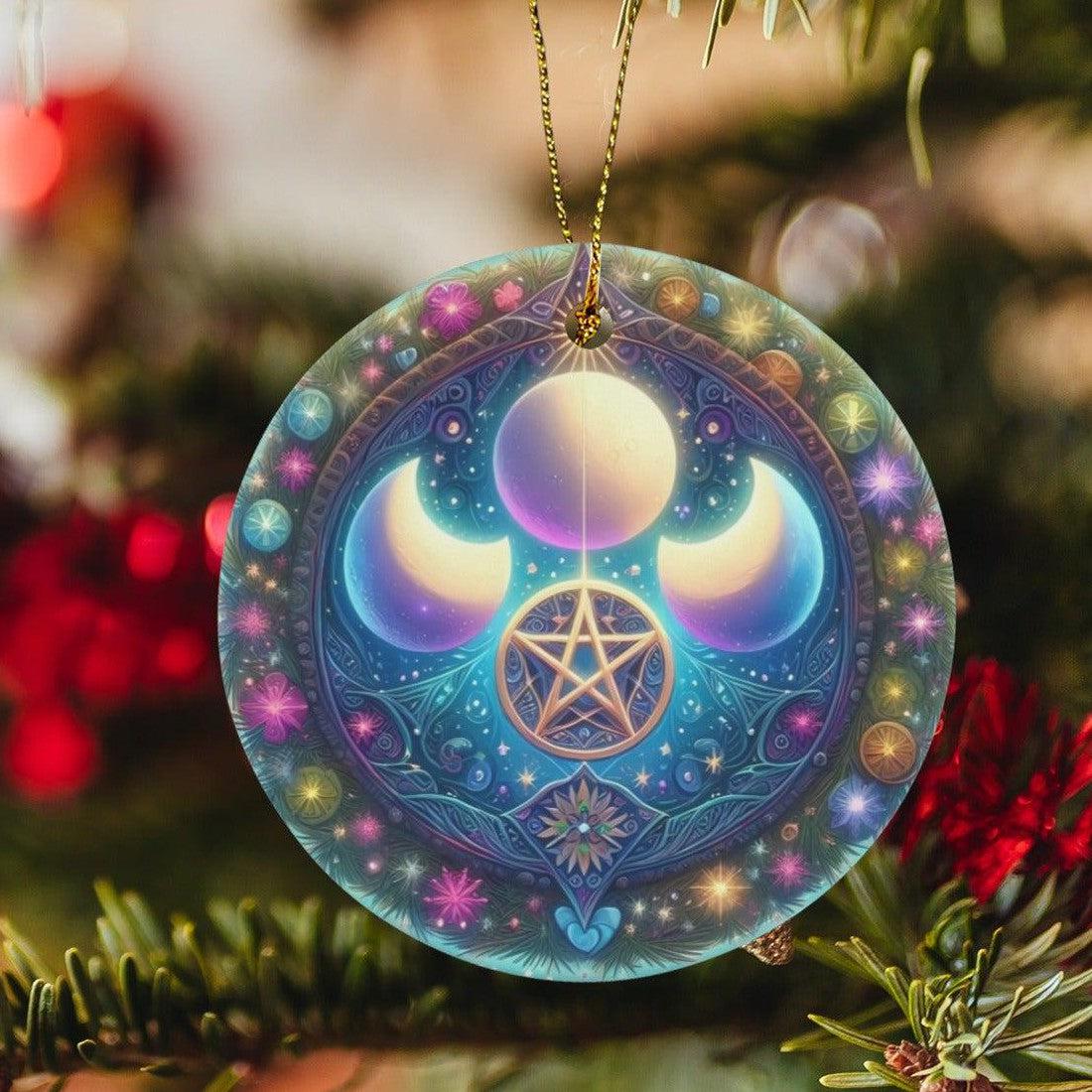 Pentacle Triple Moon Ceramic Christmas Ornament for Yule Tree Decorations-MoonChildWorld