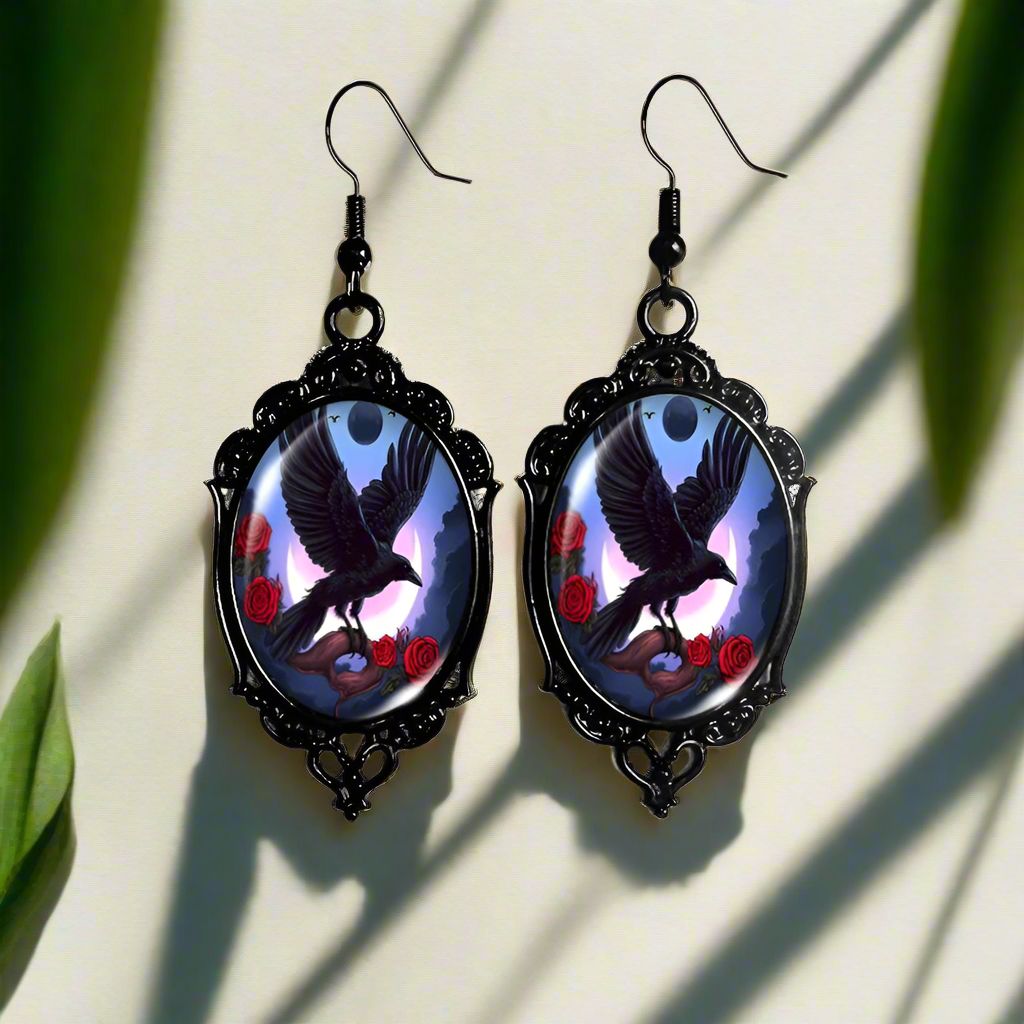 Halloween Black Raven Earrings Gothic Crow Glass Earrings Witch Jewelry-MoonChildWorld