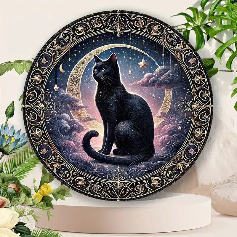 Moon and Black Cat Witchy Metal Sign Occult Cat Decor-MoonChildWorld