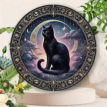 Moon and Black Cat Witchy Metal Sign Occult Cat Decor