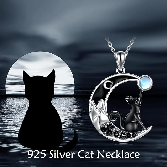 Black Cat Crystal Moon Necklace Moonstone Witchy Black Cat Necklace-MoonChildWorld