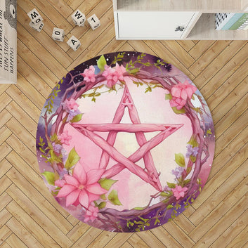Floral Pentagram Round Rug Wicca Rug