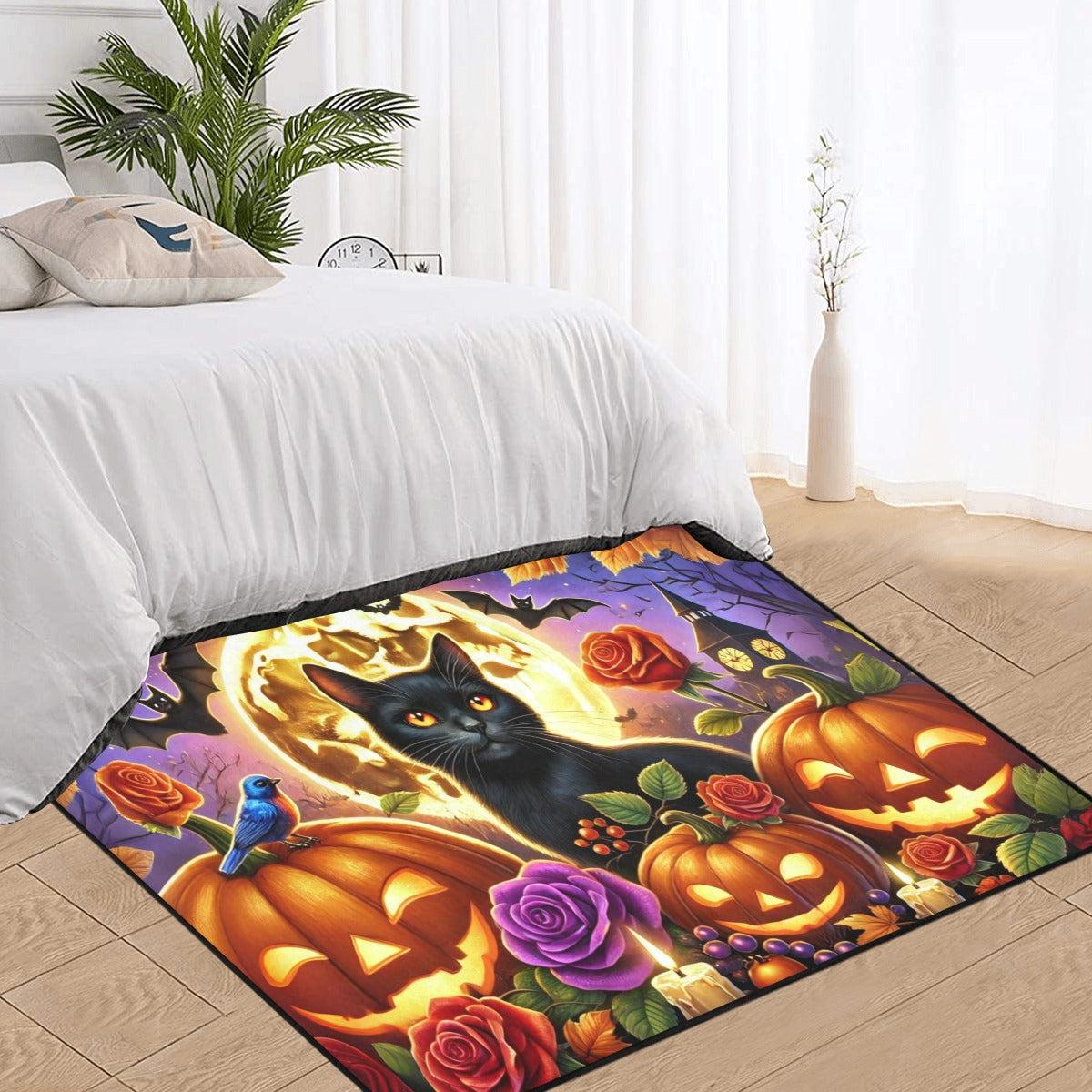 Pumpkin Black Cat Area Rug Witchy Cat Halloween Carpet-MoonChildWorld