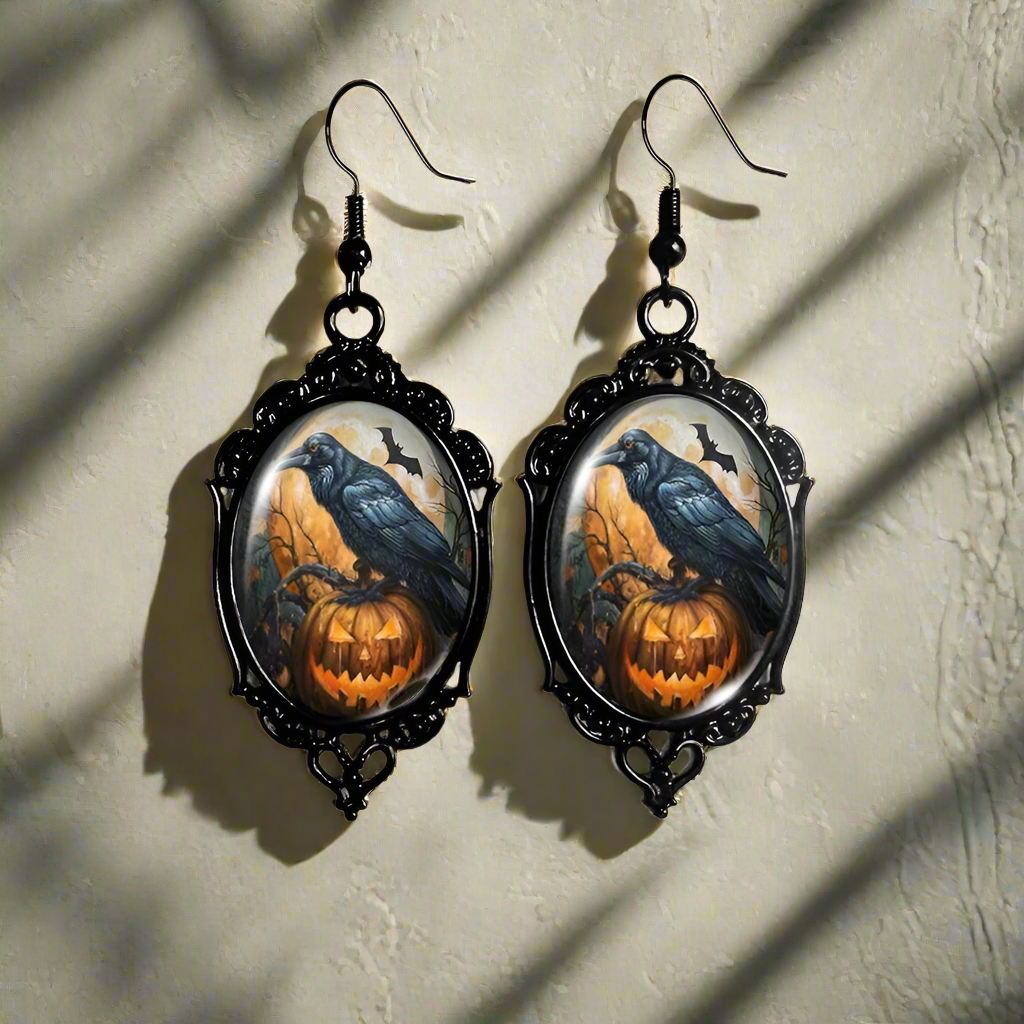 Halloween Black Raven Earrings Gothic Crow Glass Earrings Witch Jewelry-MoonChildWorld