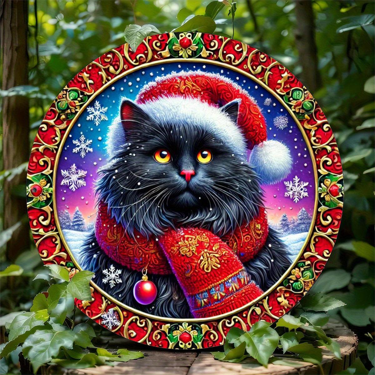 Charming Black Cat Metal Sign for Witchy Christmas Wall Decor-MoonChildWorld