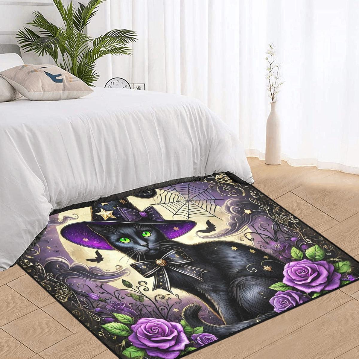 Black Cat Wiccan Area Rug Magic Cat Witchcraft Carpet-MoonChildWorld