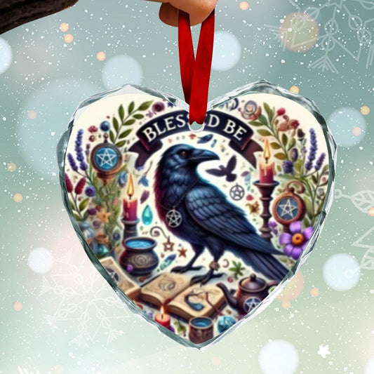 Gothic Crow Wicca Black Raven Heart-Shaped Crystal Glass Ornament