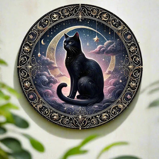 Moon and Black Cat Witchy Metal Sign Occult Cat Decor