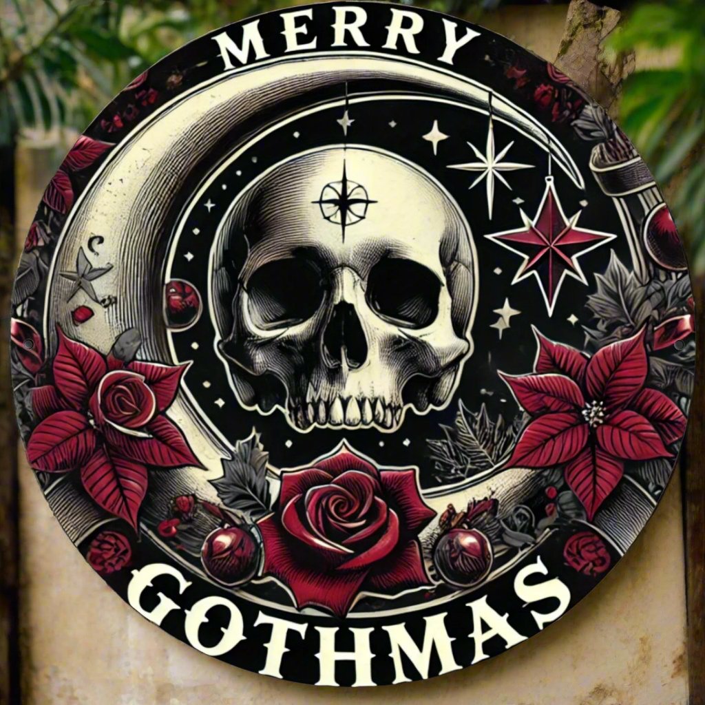 Merry Gothmas Wall Art Gothic Skull Metal Sign for Dark Christmas Decorations-MoonChildWorld