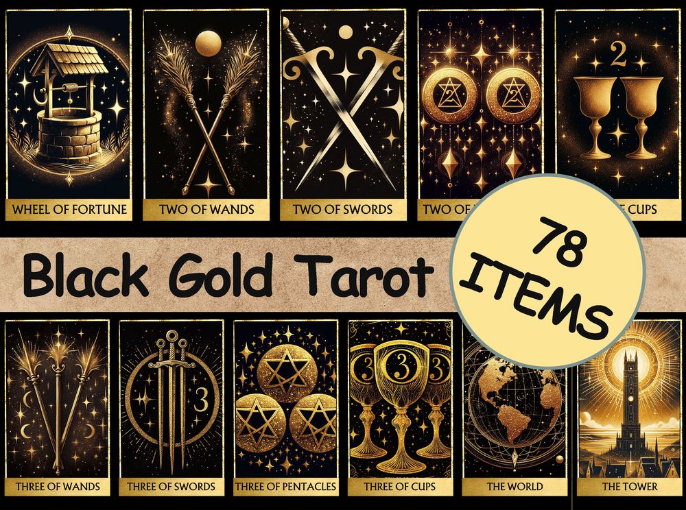 78 Black Gold Tarot Cards Digital File-MoonChildWorld