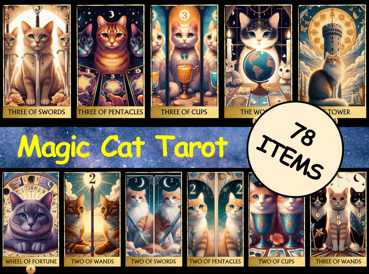 78 Magic Cat Tarot Cards Digital File-MoonChildWorld