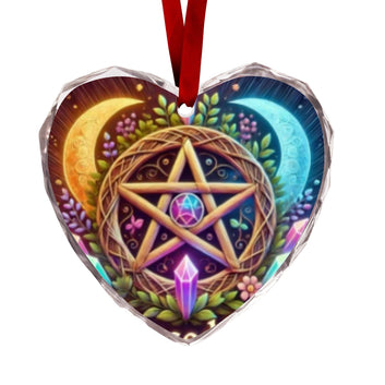 Wicca Magick Pentacle Moon Pagan Yule Heart-Shaped Crystal Glass Ornament