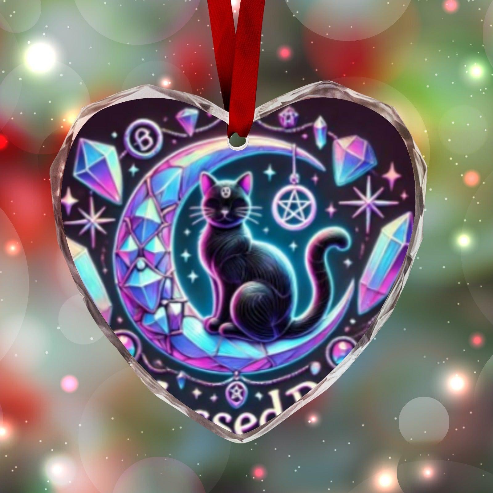 Crescent moon Black Cat Wicca Christmas Heart-Shaped Crystal Glass Ornament-MoonChildWorld