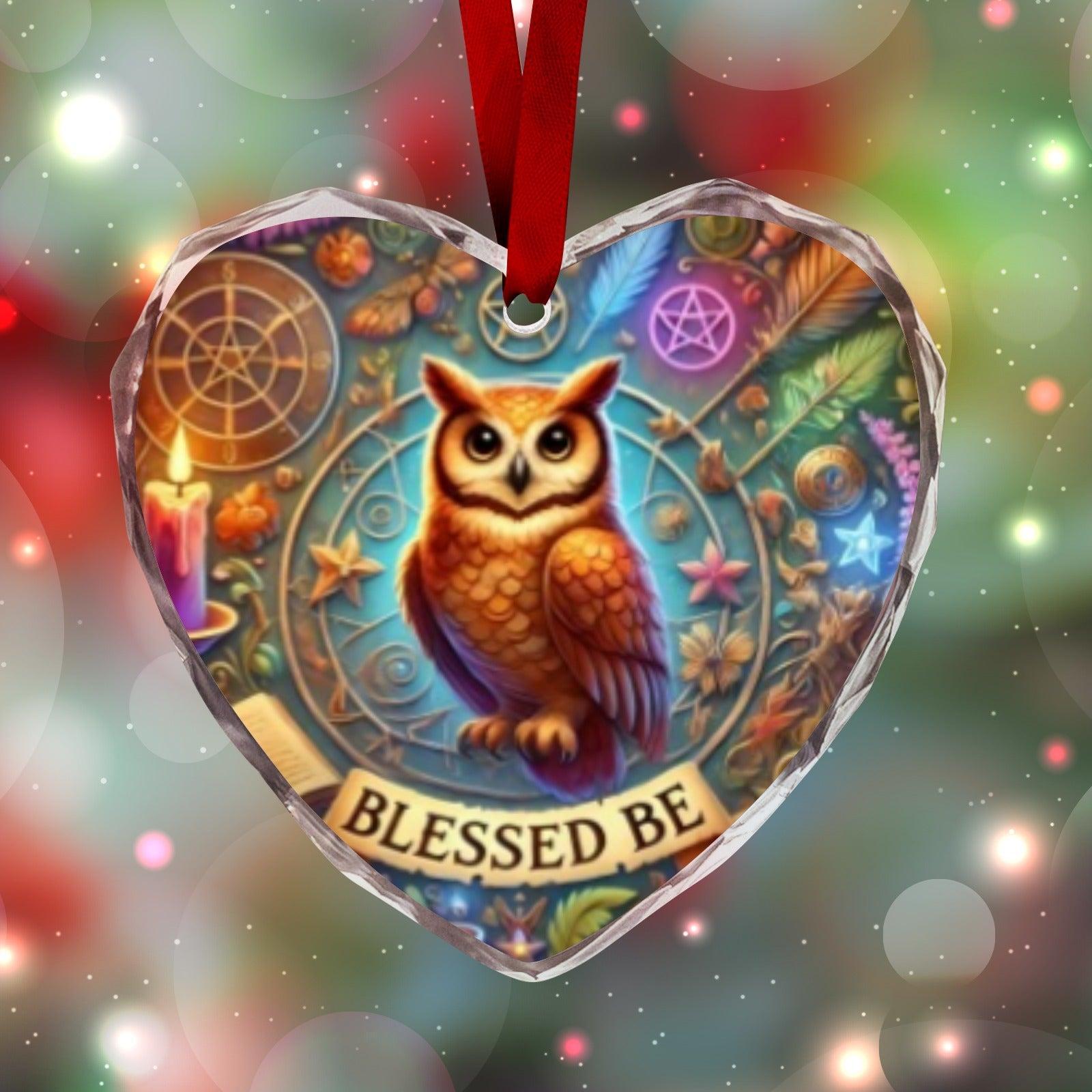 Wicca Owl Blessed Yule Witchy Christmas Heart-Shaped Crystal Glass Ornament-MoonChildWorld