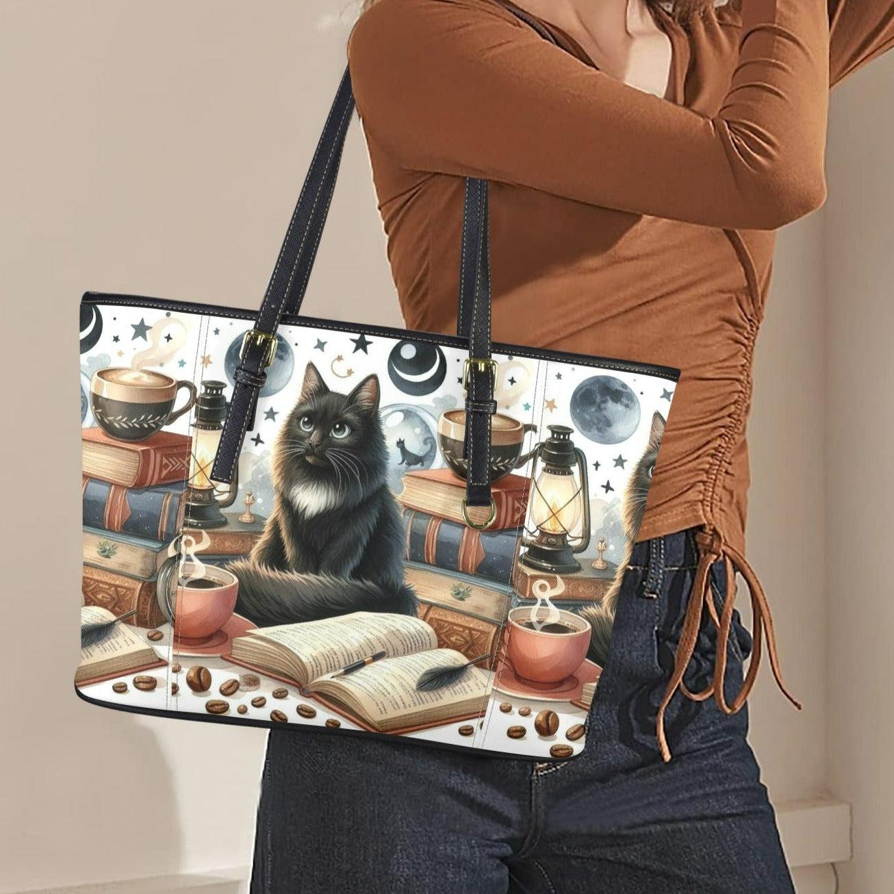 Black Cat Book Coffee Witchy Tote Bag-MoonChildWorld