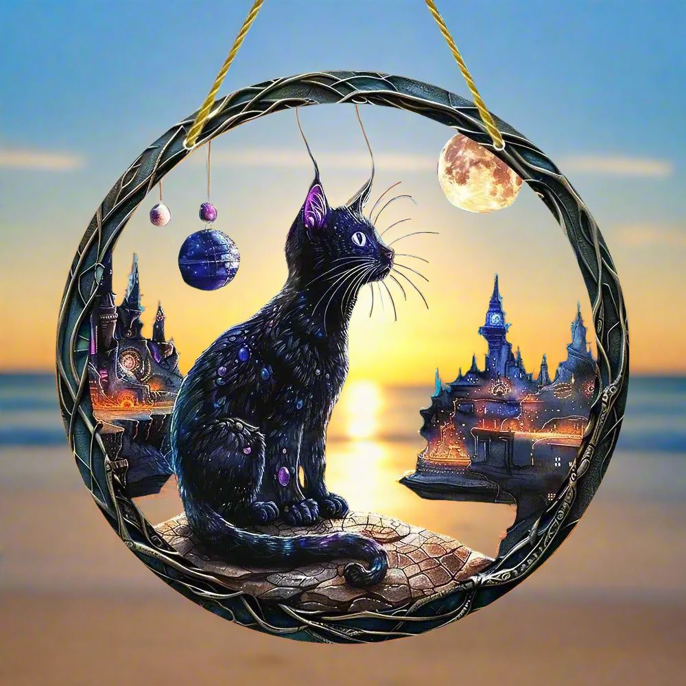 Moon Cat Suncatcher Black Cat Acrylic Round Sign Witchy Window Hanging Decor-MoonChildWorld