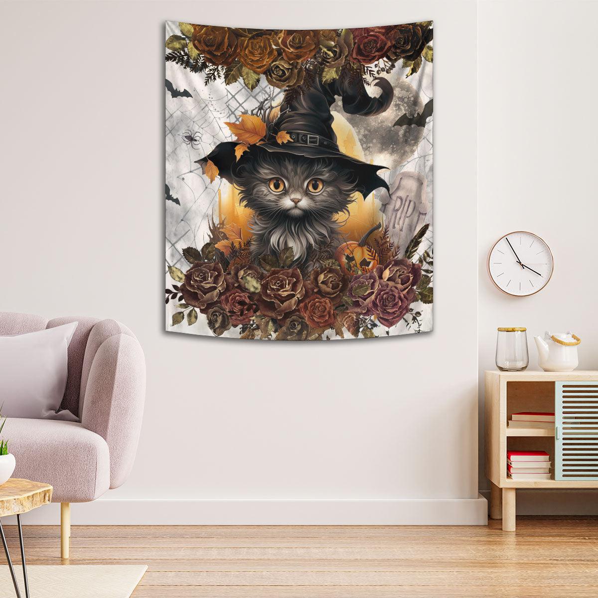 Witchy Cat Tapestry Gothic Halloween Wall Hanging-MoonChildWorld