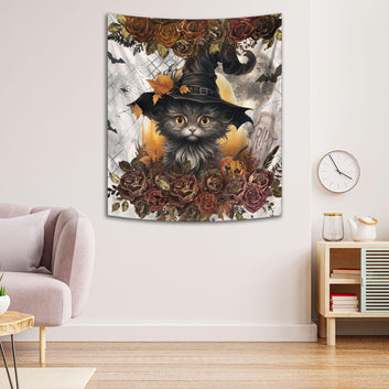 Witchy Cat Tapestry Gothic Halloween Wall Hanging