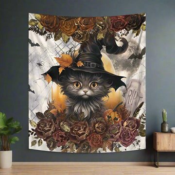 Witchy Cat Tapestry Gothic Halloween Wall Hanging-MoonChildWorld