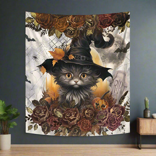 Witchy Cat Tapestry Gothic Halloween Wall Hanging